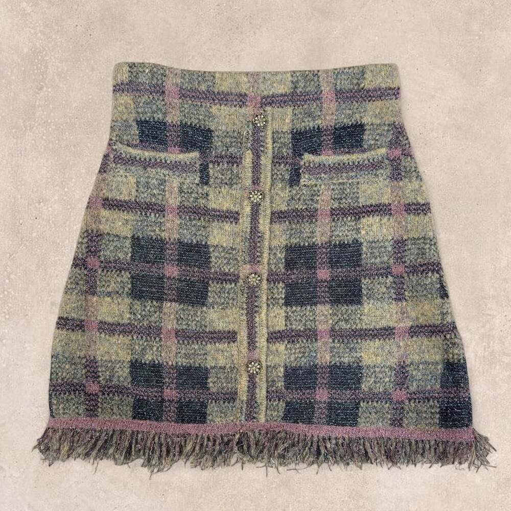 Zara Plaid Tweed Skirt Size S Metallic Fringe Mini